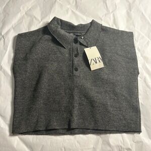 ZARA Womens Knit Collared Button Wool Sweater Vest Top Caridgan Cut Off Gray S